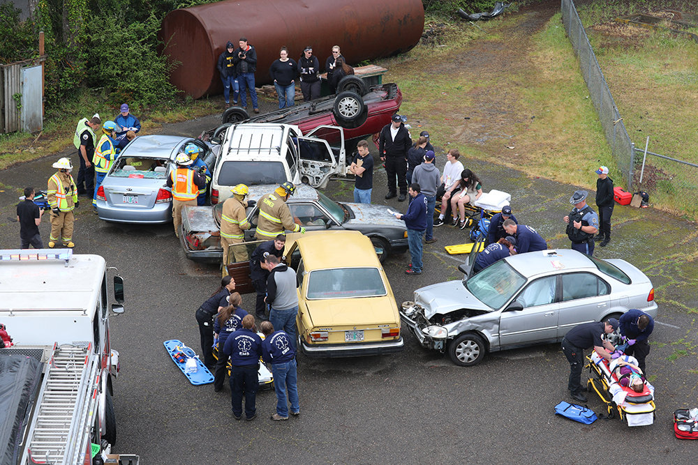 Aerial view of a simulated car crash