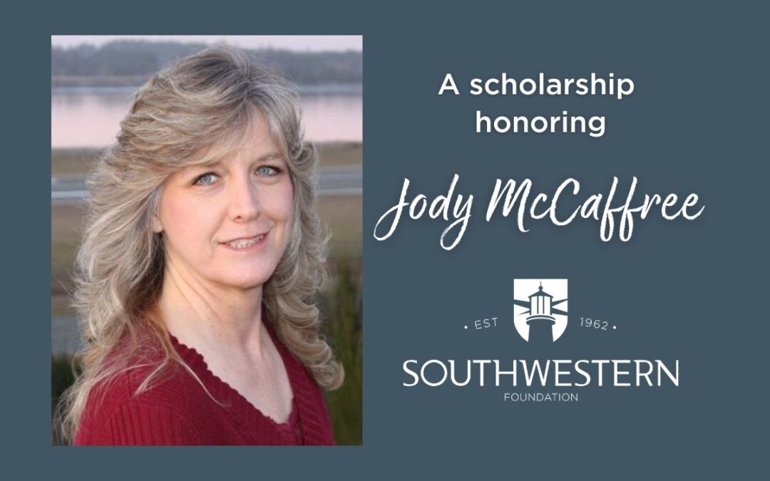 Portrait image of Jody McCaffree with text that says "a scholarship honoring Jody McCaffree" and a SWOCC Foundation logo