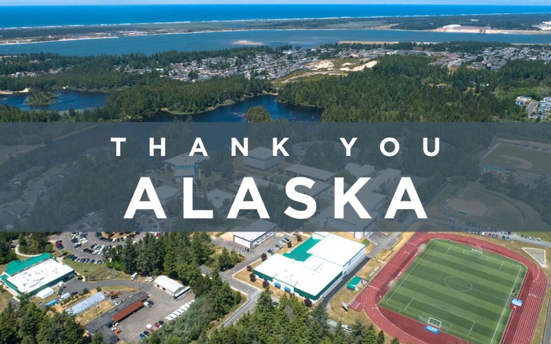 Aerial photo of SWOCC Campus with text that says "Thank You Alaska"