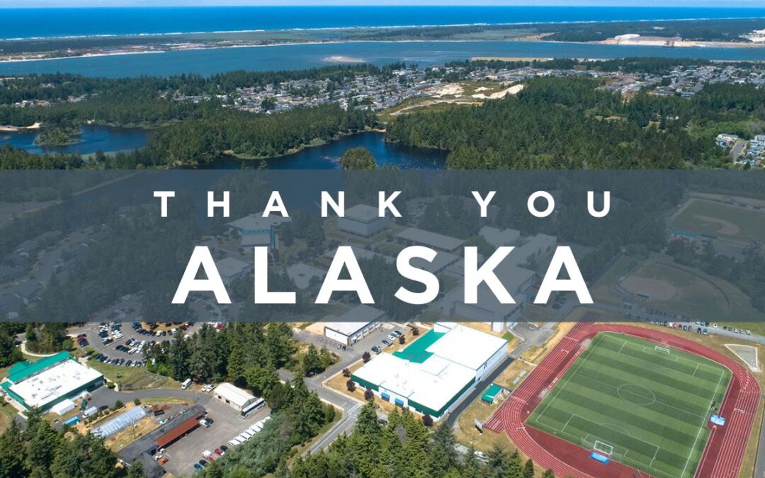 Aerial photo of SWOCC Campus with text that says "Thank You Alaska"