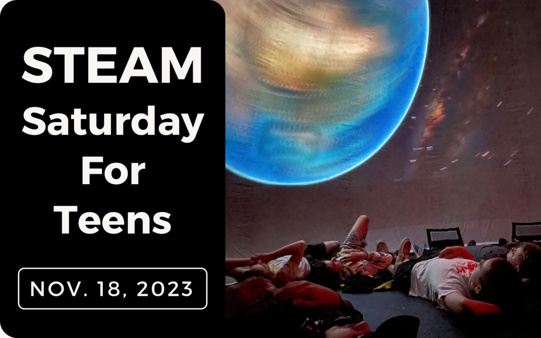 Graphic including text and a photo of boys laying on the ground watching a movie of the solar system