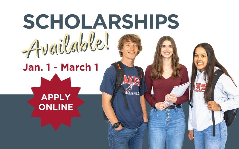 Photo of three students standing with paper and a backpack. Text to left of them reads "Scholarships Available! Jan. 1 - March 1. Apply Online"