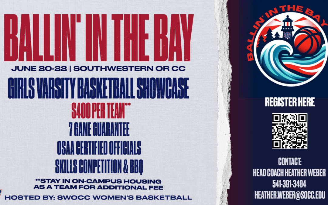 Image with text that says "Ballin' in the Bay, June 20-22, Southwestern OR CC, Girls Varsity Basketball Showcase, $400 per team, 7 game guarantee, OSAA certified officials, Skills competition & BBQ, Stay in on-campus housing as a team for additional fee, Hosted by: SWOCC Women's Basketball, Logo of Ballin' in the Bay includes image of lighthouse with an ocean wave and basketball, Text says "register here" with a QR code underneath, Contact: Head coach Heather Weber 541-391-3494 heather.weber@socc.edu