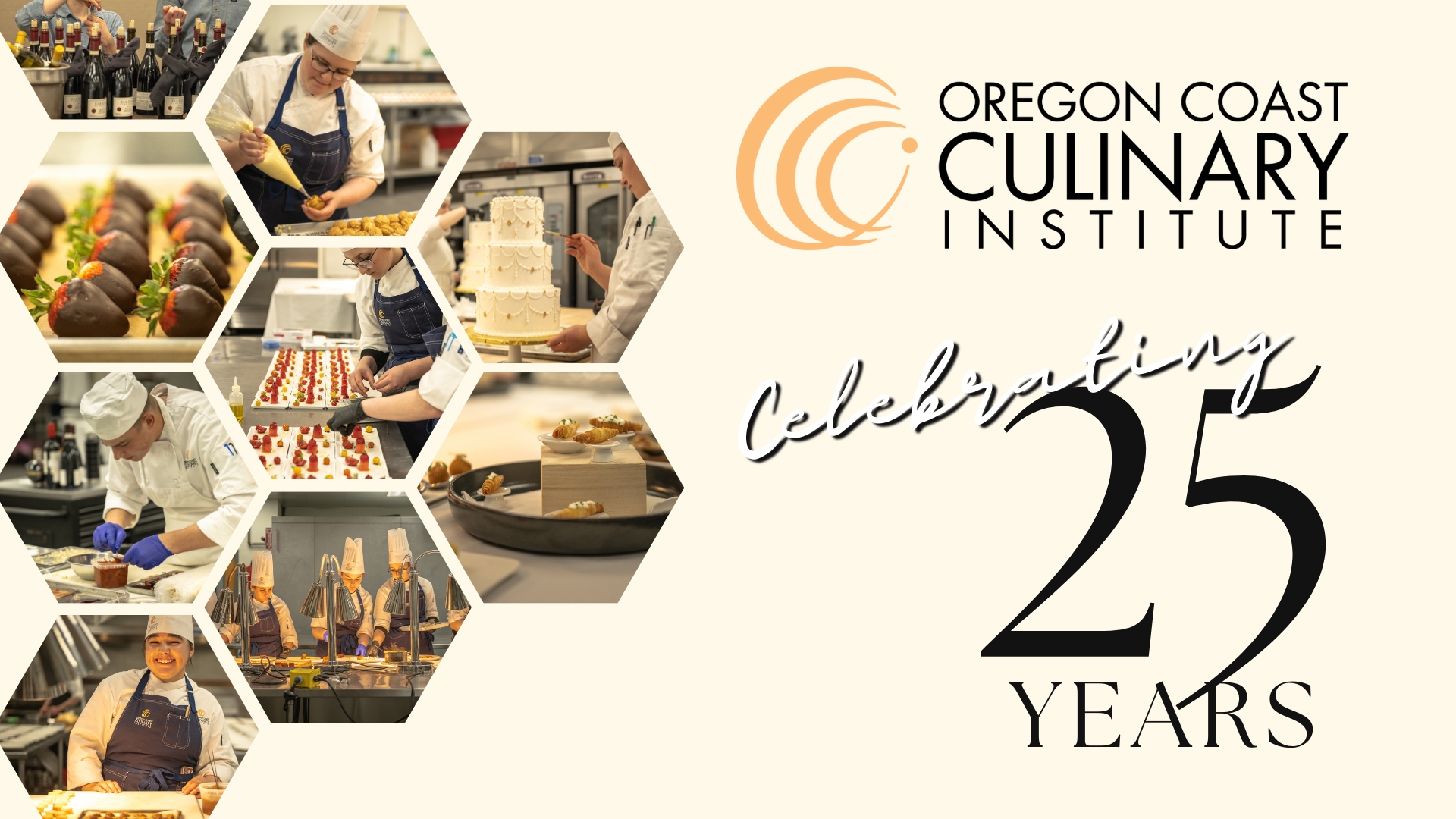 Collage of photos of culinary students in a honeycomb pattern; OCCI logo with accompanying text "Celebrating 25 Years"