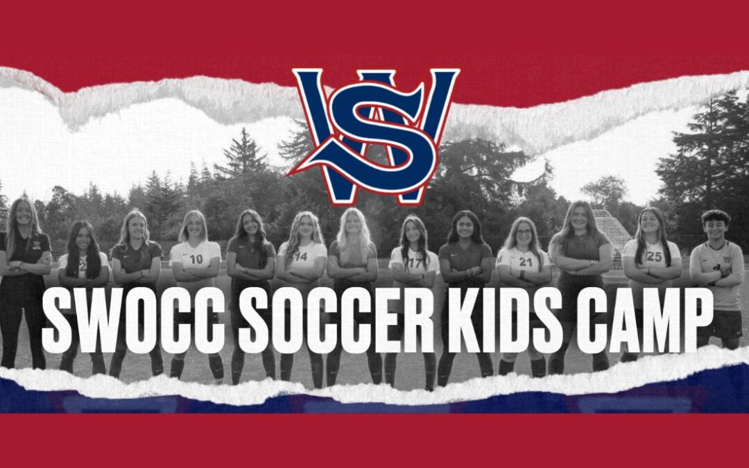 Black & white image of 23-24 SWOCC Women's Soccer team with SWOCC athletics logo and text "SWOCC Soccer Kids Camp"