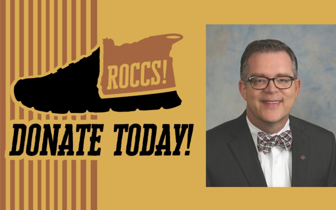 Image of ROCCS logo (shoe with state of Oregon embedded) and profile image of Dr. Tim Cook, Clackamas Community College President. Text says "ROCCS" and "Donate Today!"