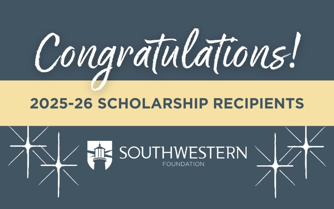 Blue background with four white stars; text reads "Congratulations! 2025-26 Scholarship Recipients" followed by SWOCC Foundation logo