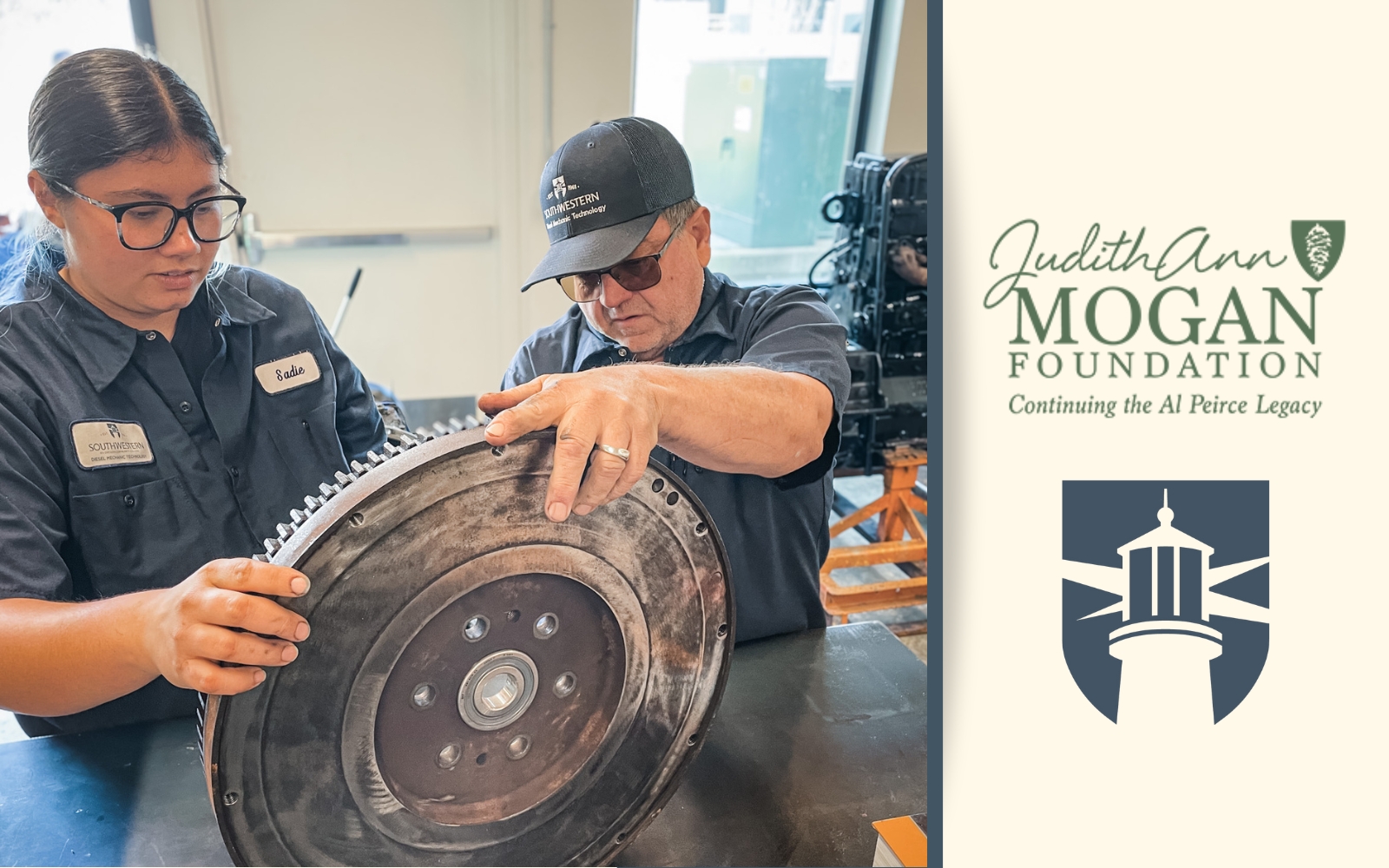 Image of SWOCC diesel mechanic technology student and instructor working in the diesel lab at SWOCC. Right side of image has Logo of Judith Ann Mogan Foundation with subtext that says "Continuing the Al Peirce Legacy" with the SWOCC logo lighthouse shield underneath
