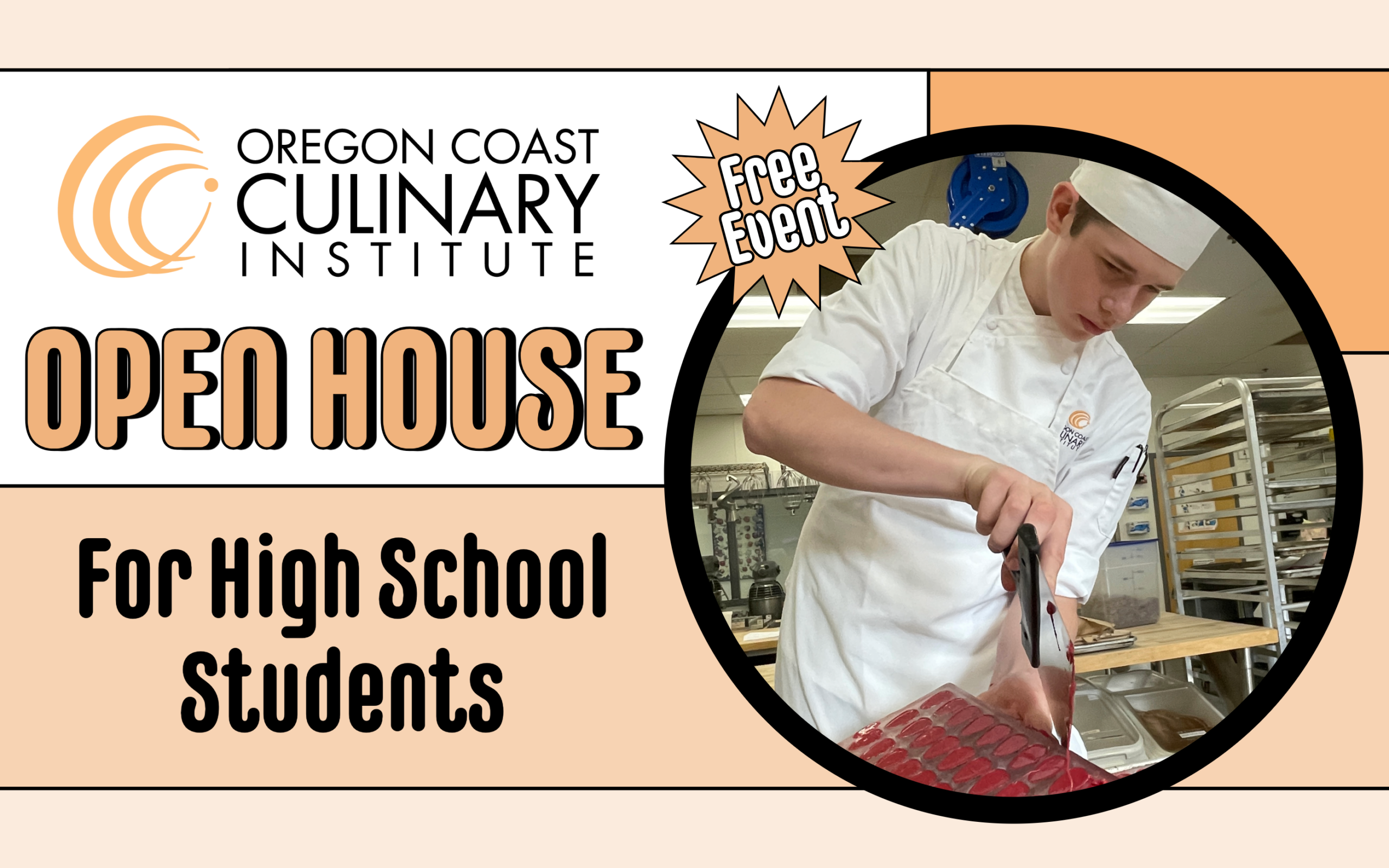 Image of student chef working in OCCI kitchen in chef uniform with baking utensil; OCCI logo on left of photo with text that reads "OPEN HOUSE For High School Students"