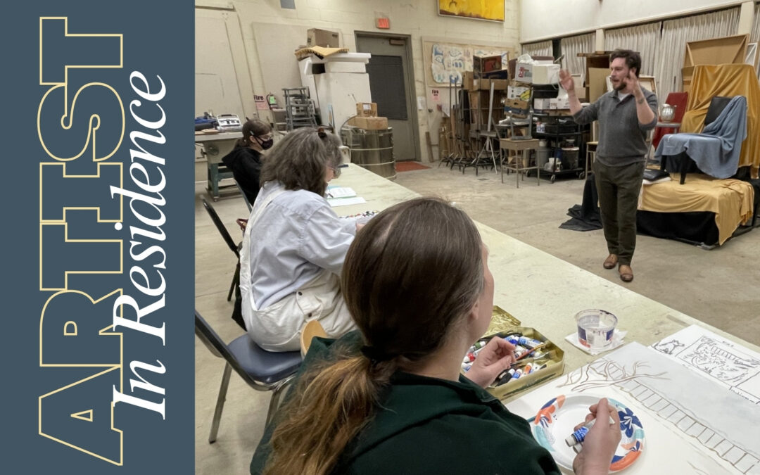 Image of SWOCC's first Guest Artist in Residence, Tristan Perrotti, teaching an art class with two students sitting at a table. Text on the left reads "ARTIST in Residence"