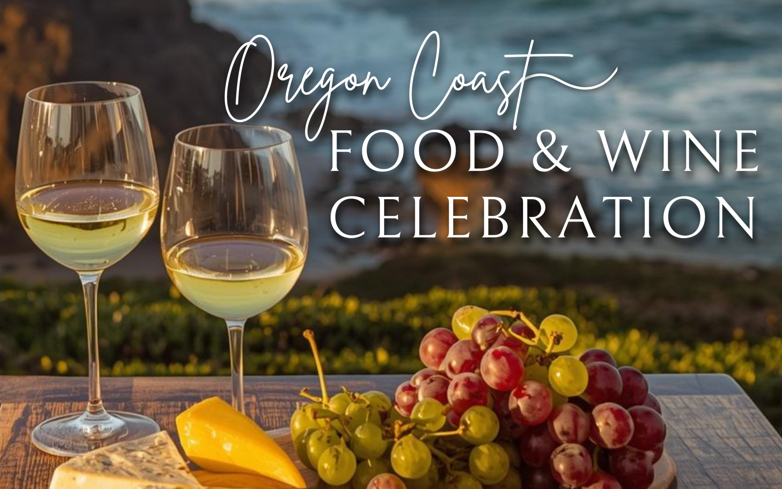 Image is of two wine glasses with white wine, grapes and cheese on a plate in the foreground and an ocean scene in the background. Text says: Oregon Coast Food & Wine Celebration