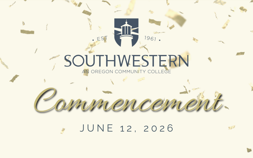 Image is of gold confetti falling behind text that says: Southwestern Oregon Community College Commencement June 12, 2026