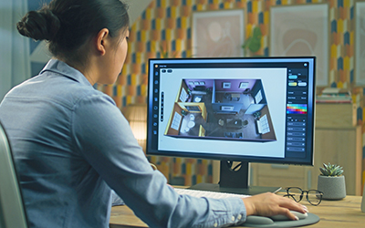 Female designer working remotely from home office and making 3D visualization of house interior in computer program using pc
