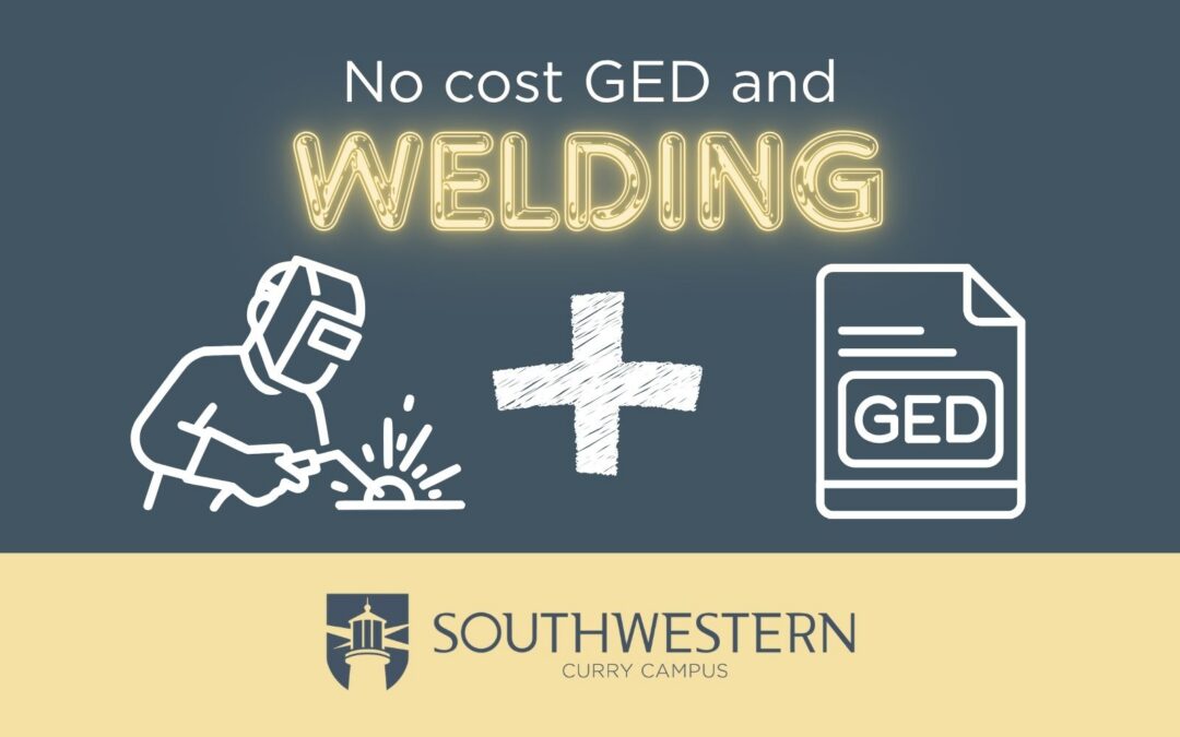 Graphic image of animated outline of a welder and a "+" then an image of a GED certificate. Text reads "No cost GED and WELDING" followed by SWOCC Curry Campus logo.