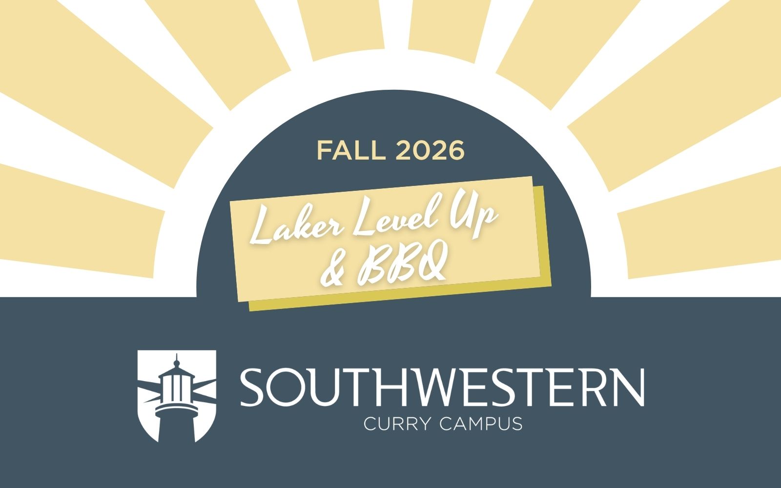 Image of sun with text that reads "Laker Level Up & BBQ" followed by SWOCC Curry Campus logo underneath