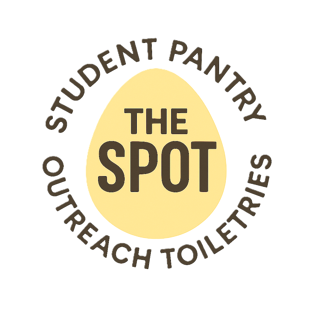 New SPOT Logo - 102325 SPOT Logo with text that reads "Student Pantry Outreach Toiletries" around the outside with text that says "The SPOT" on the inside of a yellow egg shape