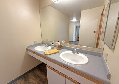 image of two bathroom sinks, hand towel, facial tissues, and soap dispenser are on the counter, there's a large mirror and medicine cabinets on the right hand wall