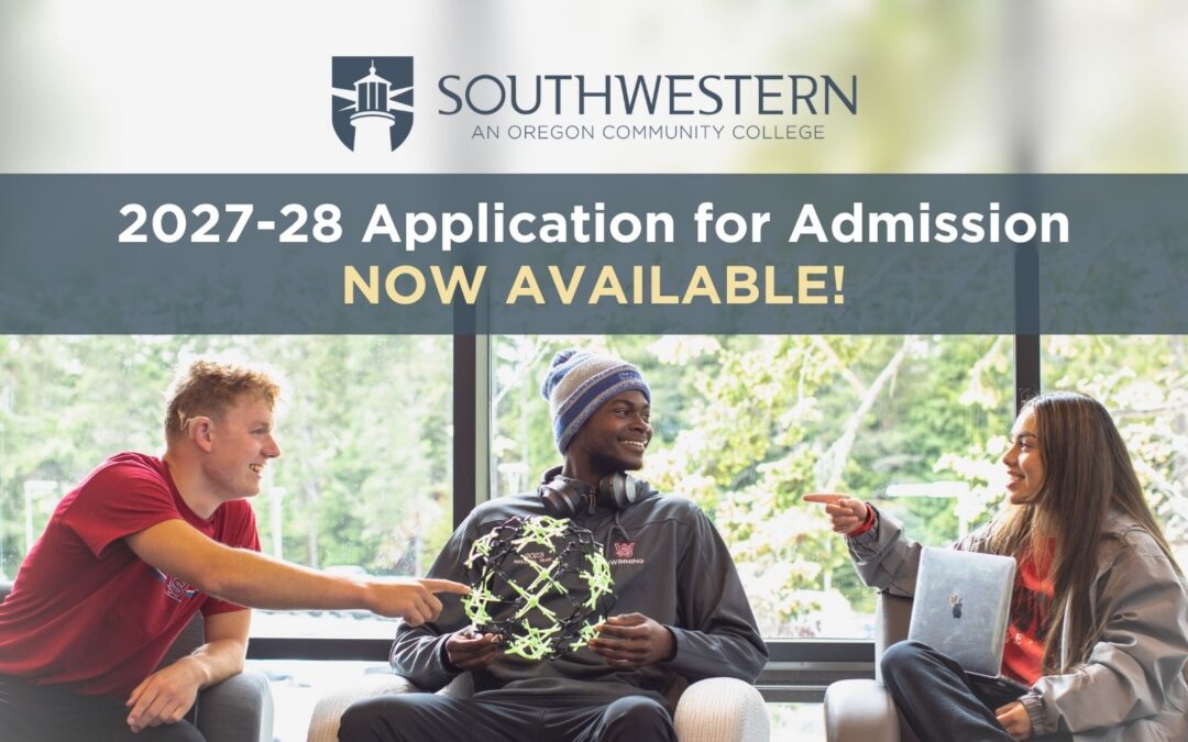 Image of three SWOCC students sitting on lounge chairs. The SWOCC logo appears at the top with text overlaying the photo that states, "2027-28 Application for Admission NOW AVAILABLE"